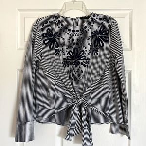 Zara blue striped tie front embroidered top size XS